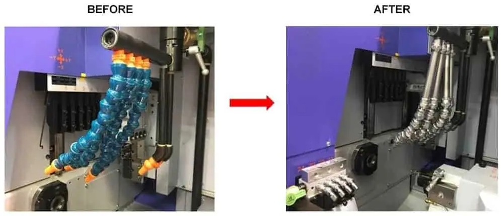 PRE-ASSEMBLED KITS READY TO INSTALL IN STAR MACHINES IMPROVING REALIABILITY AND EFFICIENCY OF COOLANT DELIVERY before and after